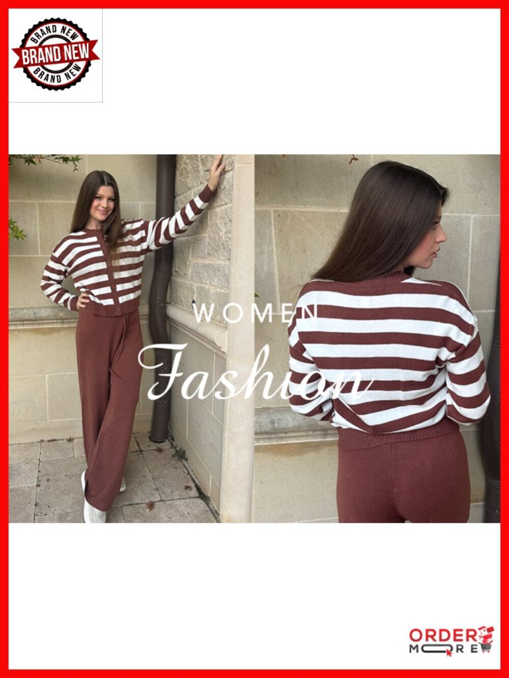 Women's 2 Piece Sweater Set Striped Cropped Cardigan Drawstring Lounge Pants - Picture 6 of 6